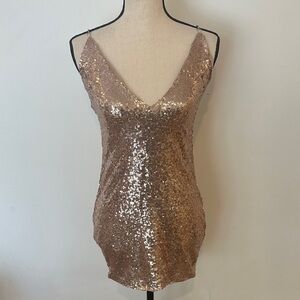 PrettyLittleThing Champagne Mini Sequin Dress crisscross back 2 Cowl Back